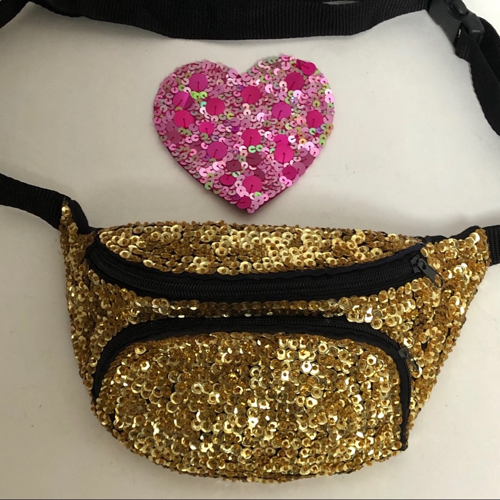 JC gold sequin double zipper pocket fanny pack.